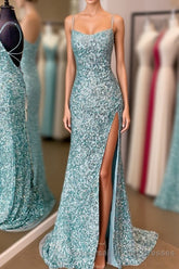Sparkle Tiffany Blue Sequins Long Semi Formal Prom Dress with Slit